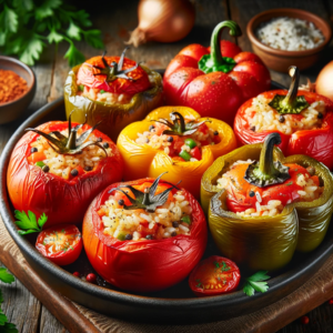 Gemista presented on a rustic table the tomatoes and peppers stuffed with a rice mixture thats been sauteed with onions g