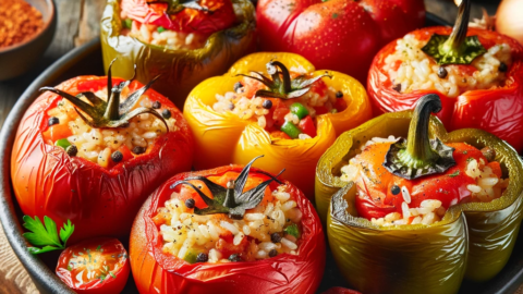 Gemista presented on a rustic table The tomatoes and peppers stuffed with a rice mixture thats been sauteed with onions g