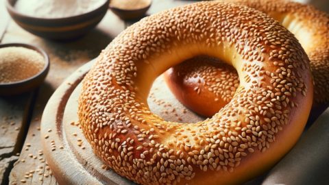 Photo of Koulouri a Greek sesame bread ring displayed on a rustic wooden table The Koulouri are golden brown and generously coated with sesame seed