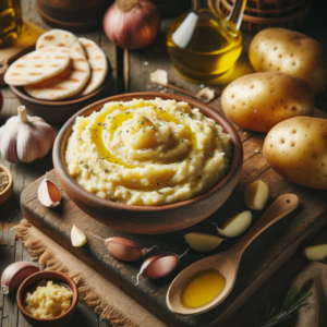 Easy skordalia recipe: traditional greek garlic and potato dip 1 Photo of skordalia a rustic setting showcasing a creamy bowl of skordalia a greek potato dip placed on a wooden table boiled and mashed potatoes b