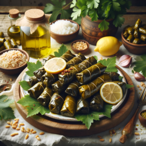 Photo of a platter of dolmades the grape leaves filled with rice and other ingredients