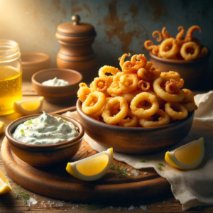 Easy crispy greek fried calamari recipe 1 Photo of a rustic wooden table displaying a dish of golden fried kalamari rings with a side of zesty tzatziki dip in a small bowl lemon wedges are s
