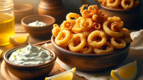 Photo of a rustic wooden table displaying a dish of golden fried Kalamari rings with a side of zesty tzatziki dip in a small bowl Lemon wedges are s
