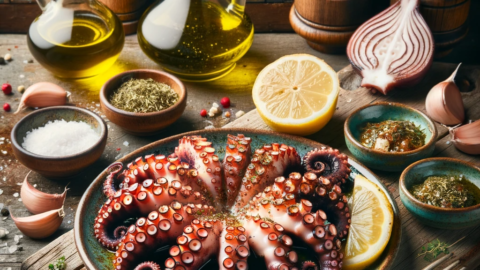 Photo of a rustic wooden table displaying pieces of marinated and grilled octopus The octopus is cut into bite sized pieces and arranged on a plate