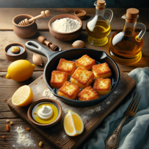 Photo of a rustic wooden table with a scene showcasing the saganaki recipe in the center is a saganaki pan with golden brown fried kefalotyri cheese