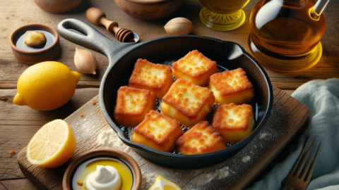 Photo of a rustic wooden table with a scene showcasing the Saganaki recipe In the center is a saganaki pan with golden brown fried Kefalotyri cheese