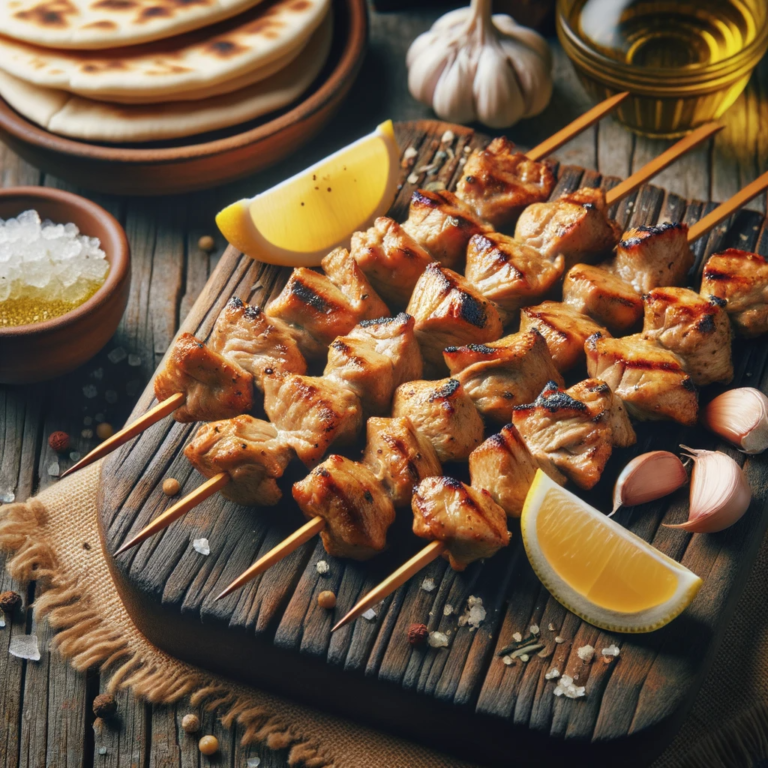 Photo of freshly grilled Souvlaki skewers, kalamaki