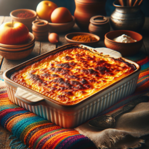 Traditional greek moussaka recipe: eggplant lasagna 1 A freshly baked moussaka with a top layer of golden brown bechamel sauce placed on a colorful tablecloth