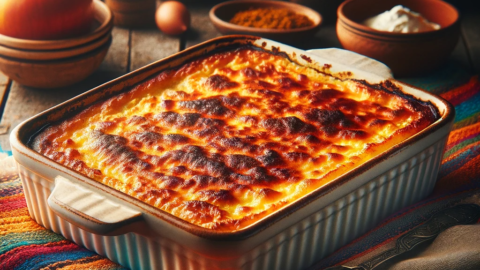 a freshly baked moussaka with a top layer of golden brown bechamel sauce placed on a colorful tablecloth