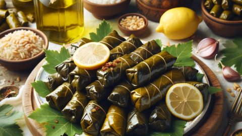 a platter of Dolmades grape leaves filled with rice and other ingredients
