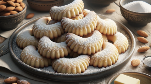 almond shortbread cookies (Kourabiedes) with a light dusting of powdered sugar