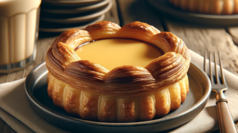 a creamy custard filled pastry The pastry sits neatly on a plate its golden brown flaky crust