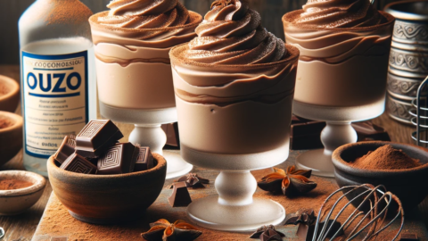 rustic table adorned with Ouzo Infused Chocolate Mousse The dessert cups filled to the brim with the creamy mousse are t