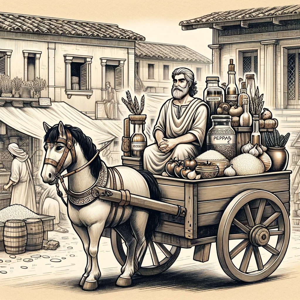 Scene set in ancient greece depicting a merchant on a wooden cart