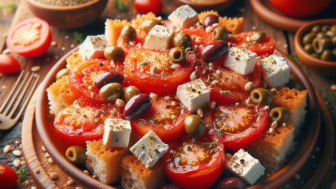 serving of Dakos the Traditional Greek Salad with Rusk Bread