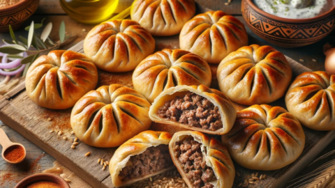 Photo of Koupes a Greek savory snack displayed on a rustic wooden table The cracked wheat pastries have a golden brown crust revealing a hint of t