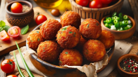 freshly fried Santorini tomato balls Beside the golden brown tomato fritters