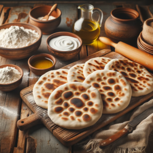 Photo of freshly made homemade greek pita bread spread out on a rustic wooden table each pita has a slight char on its surface the background featur