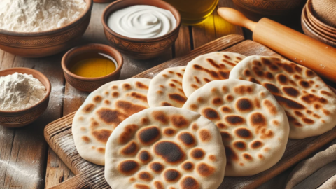 Photo of freshly made Homemade Greek Pita Bread spread out on a rustic wooden table Each pita has a slight char on its surface The background featur