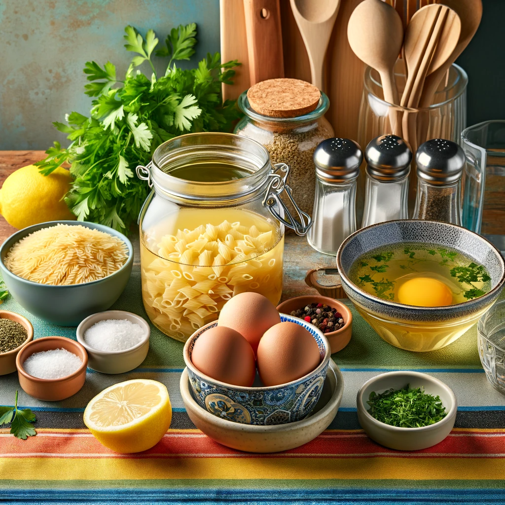 Ingredients for making classic avgolemono soup chicken