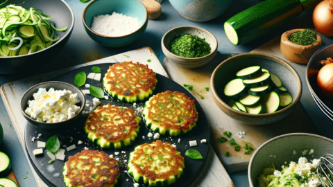 Greek Zucchini Fritters Kolokithokeftedes On a colorful tablecloth there are freshly grated zucchinis w