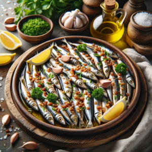 A plate of greek marinated anchovies
