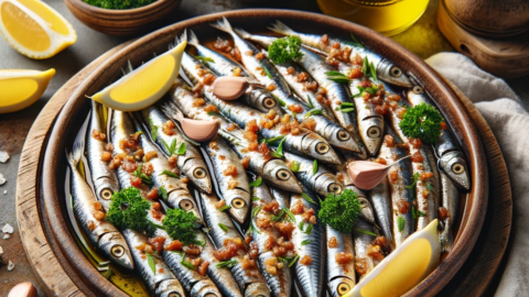 a plate of Greek Marinated Anchovies