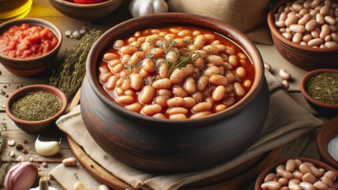 A serving of Greek Giant Baked Beans in tomato sauce
