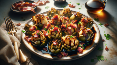 a dish of Greek Gourmet Artichoke Hearts with Bacon in Balsamic Vinegar