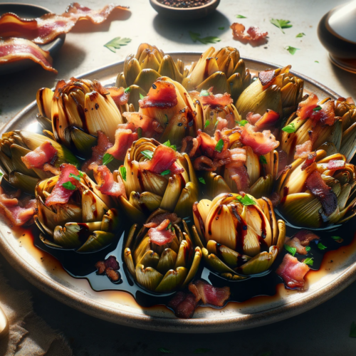 A dish of greek gourmet artichoke hearts with bacon in balsamic vinegar