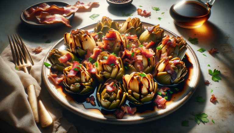 a dish of Greek Gourmet Artichoke Hearts with Bacon in Balsamic Vinegar