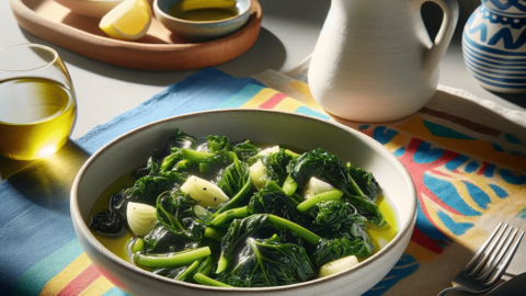 a dish of boiled Greek leafy greens, horta vrasta