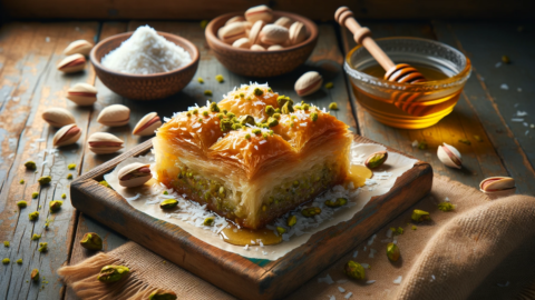 a golden brown coconut pistachio baklava