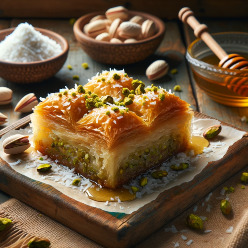 A golden brown coconut pistachio baklava
