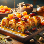 Greek yogurt baklava recipe: golden crispy squares on top of greek yogurt 7 A golden flaky baklava the baklava is stuffed with arpicot and dates