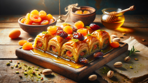 a golden flaky baklava The baklava is stuffed with arpicot and dates