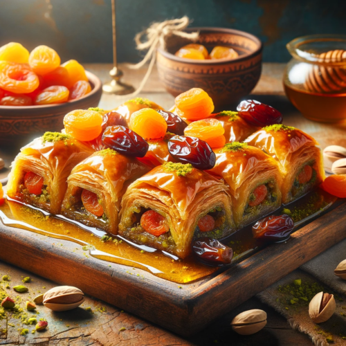 A golden flaky baklava the baklava is stuffed with arpicot and dates