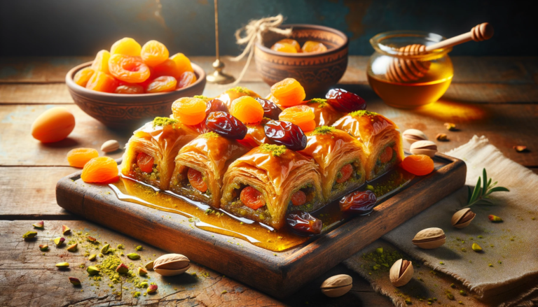 a golden flaky baklava The baklava is stuffed with arpicot and dates