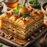 Greek yogurt baklava recipe: golden crispy squares on top of greek yogurt 5 A layered baklava with cooked apple slices and caramel drizzle topped with only chopped nuts and a sprinkle of cinnamon