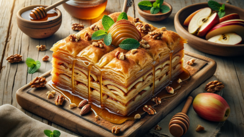 a layered baklava with cooked apple slices and caramel drizzle topped with only chopped nuts and a sprinkle of cinnamon