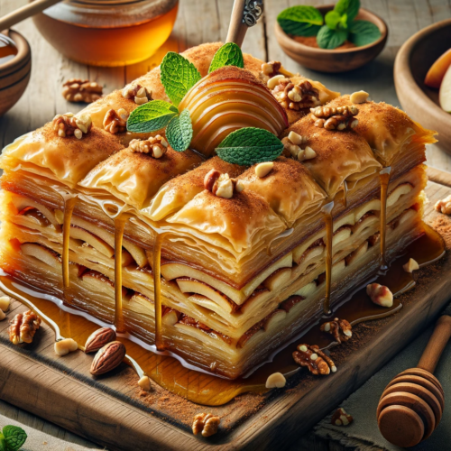 A layered baklava with cooked apple slices and caramel drizzle topped with only chopped nuts and a sprinkle of cinnamon