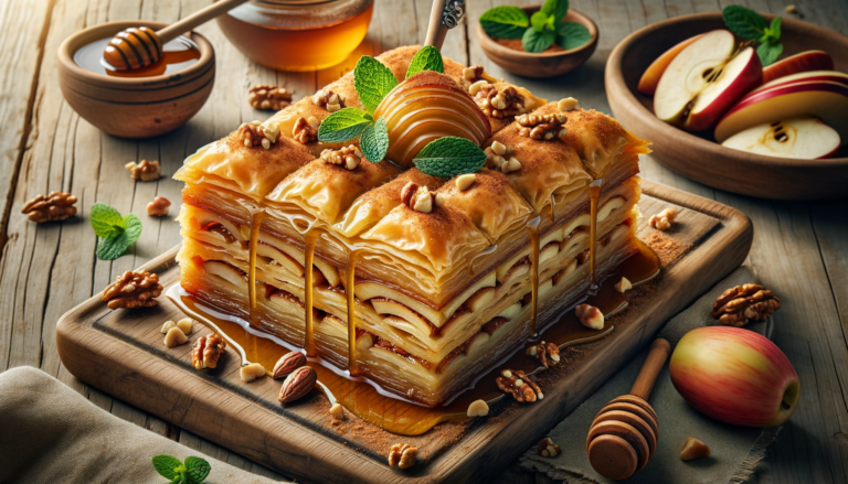 a layered baklava with cooked apple slices and caramel drizzle topped with only chopped nuts and a sprinkle of cinnamon