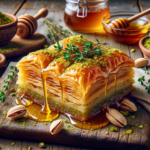 Greek yogurt baklava recipe: golden crispy squares on top of greek yogurt 3 A layered baklava with golden honey drizzle and thyme sprigs topped with crushed pistachios 2 2