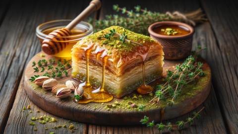 a layered baklava with golden honey drizzle and thyme sprigs topped with crushed pistachios