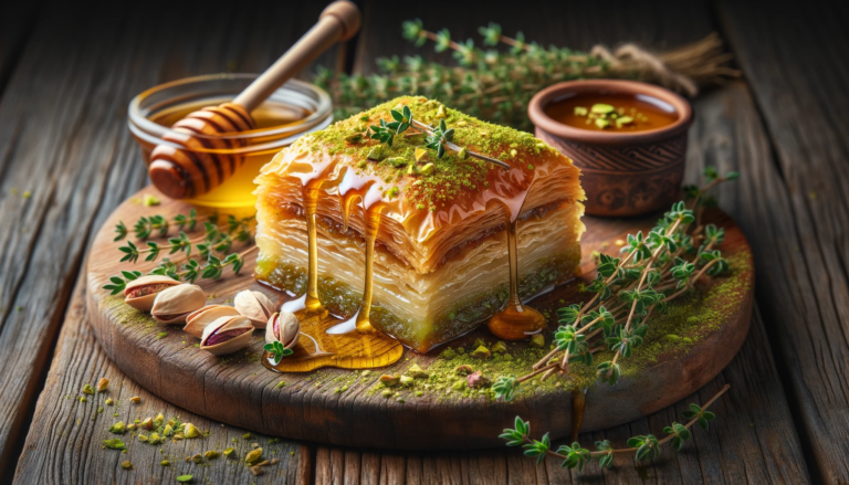 a layered baklava with golden honey drizzle and thyme sprigs topped with crushed pistachios