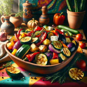 Greek roasted vegetables - briam (μπριάμ) 1 A rustic earthenware dish holds greek roasted vegetables