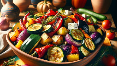 a rustic earthenware dish holds Greek Roasted Vegetables