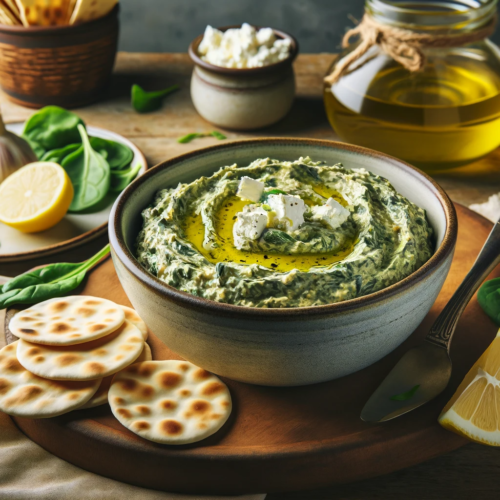 A serving of artichoke heart spread blended with feta spinach lemon and oli 1