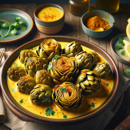 A serving of curried artichoke hearts in coconut milk