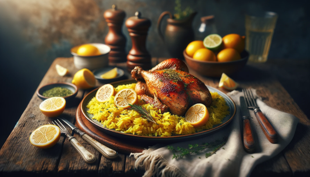 A serving of greek slow cooked chicken accompanied by lemon rice